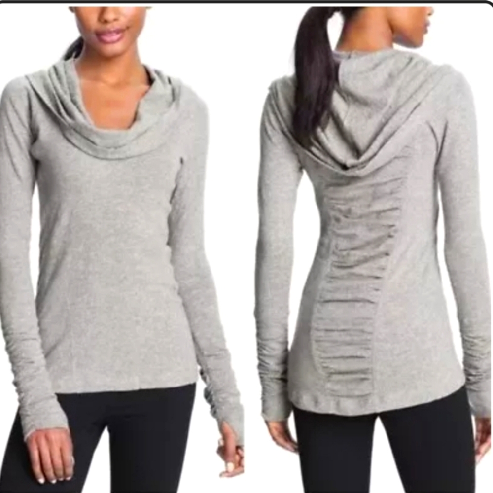 Zella Women's Hooded Ruched Cowl Neck Gray Pullover Top  Sz S Athleisure Comfort